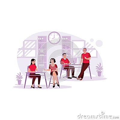 There is a favorable situation between two female and two male colleagues sitting and talking in the office. Vector Illustration