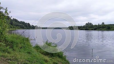 There is a fishing spot on the grassy shore of the lake. A feeder rod with an inertia-free reel is mounted on a fishing stand. The Stock Photo