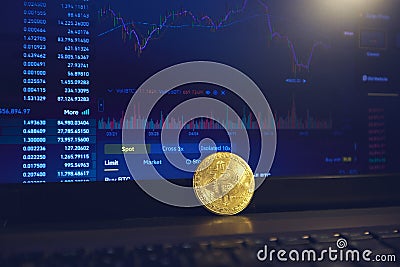 There is a gold bitcoin coin on the laptop panel, the page for changing cryptocurrency rates is open on the laptop display Stock Photo