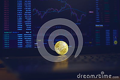 There is a gold bitcoin coin on the laptop panel, the page for changing cryptocurrency rates is open on the laptop display Stock Photo