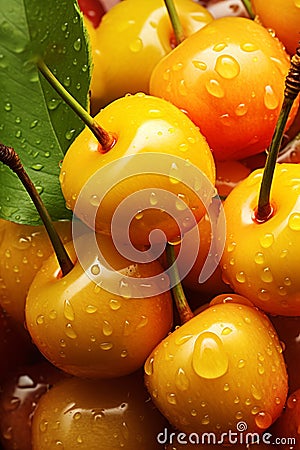 There are a lot of wet yellow cherry fruits. Selective focus. Stock Photo