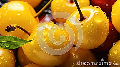 There are a lot of wet yellow cherry fruits. Selective focus. Stock Photo