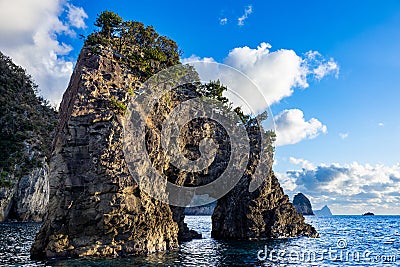 View of strangely shaped rocks on the Ushima coast in Nishiizu, Japan. Stock Photo