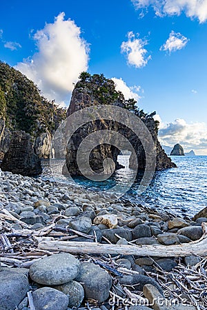 View of strangely shaped rocks on the Ushima coast in Nishiizu, Japan. Stock Photo