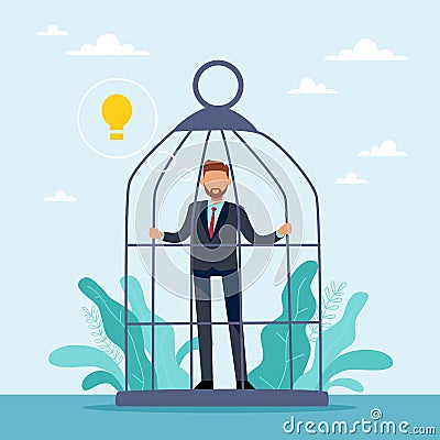 There is no way out for an idea. Invaluable potential. Creative crisis, sad man in cage, light bulb in bubble, problems Vector Illustration