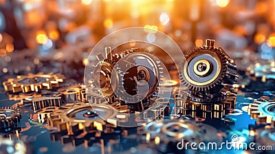 There are several gears and cogs arranged in circle. They are shiny and brightly lit, creating an interesting visual Stock Photo