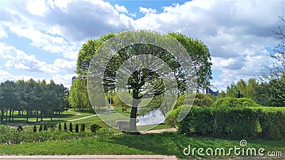 There are trees and shrubs growing near the entrance to the city park. The park has a canal and walking paths among the grassy law Stock Photo