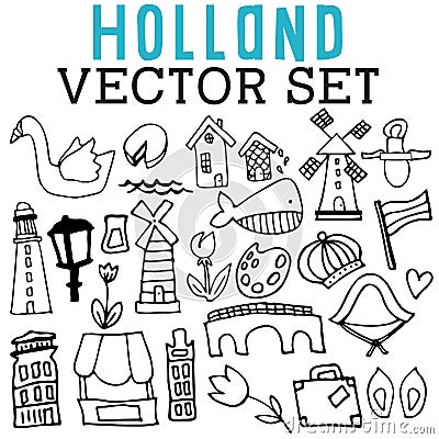 Holland Vector Set with swans, water, windmills, whales, crowns, flags, streetlamps, and buildings. Stock Photo