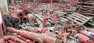 There were iron materials for hydrotesting work scattered outside the workshop, some of which were to be worked on Stock Photo