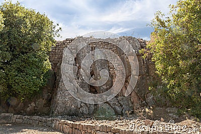 The remains of the fortress walls built with a rock in the medieval fortress of Nimrod - Qalaat al-Subeiba located near the Stock Photo