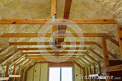 thermal and hidro insulation with spray foam at house construction Stock Photo