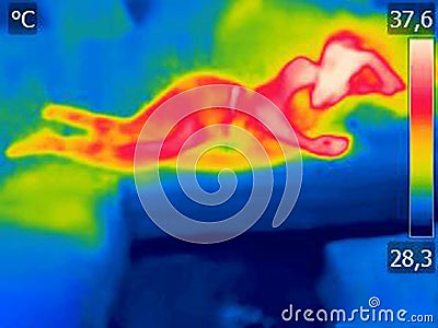 Thermal image Young woman is lying on bed Stock Photo