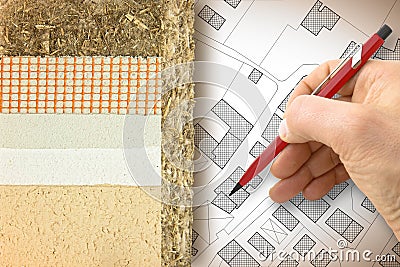 Thermal insulation coatings with hemp for building energy efficiency and reduce thermal losses - Concept image with hand drawing Stock Photo