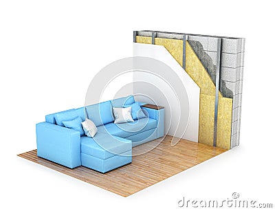 Thermal insulation. Cross-section of the wall, interior with a sofa. 3d Stock Photo