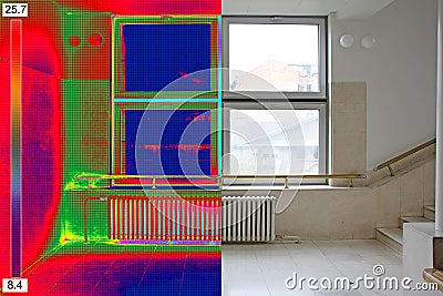 Thermal and real Image of Radiator Heater and a window on a buil Stock Photo