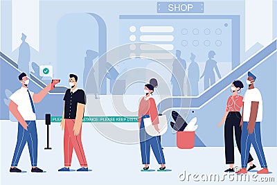 Thermal Temperature Scanning of body temperature of people by using non contact thermometer in shopping mall Vector Illustration