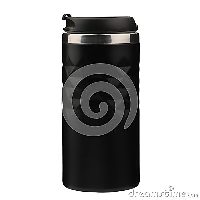 Thermo bottle isolated on white background with clipping path. Black color thermos, isolated background. Good design Stock Photo