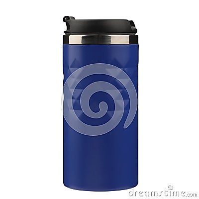 Thermo bottle isolated on white background with clipping path. Blue color thermos, isolated background Stock Photo