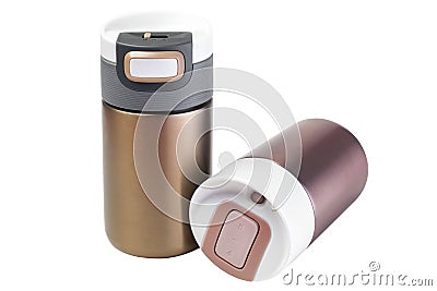 Thermo bottle with water isolated on white. Double-walled stainless steel thermos, front view. Stock Photo