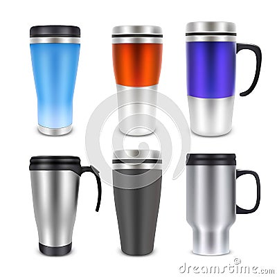 Thermo cup travel mug mock-up set, vector realistic illustration Vector Illustration