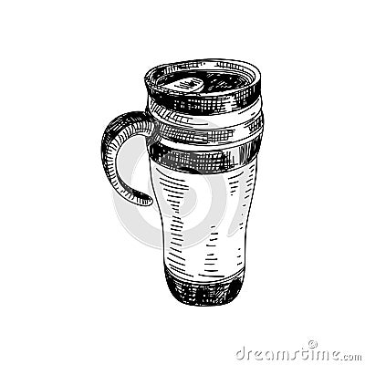 Thermo mug hand drawn black and white vector illustration. Vector Illustration
