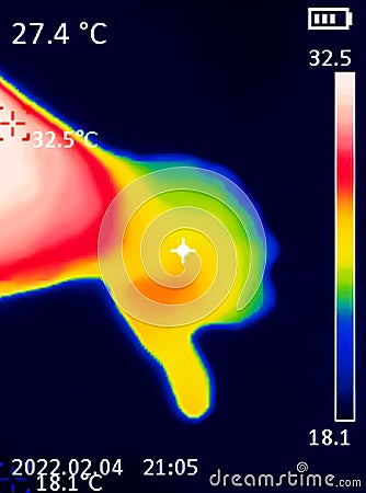 A thermographic image of a hand with a human heart, showing different temperatures in different colors, from blue indicating Stock Photo