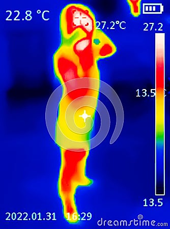 A thermographic image of a person`s body showing different temperatures in different colors, from blue indicating cold to red Stock Photo
