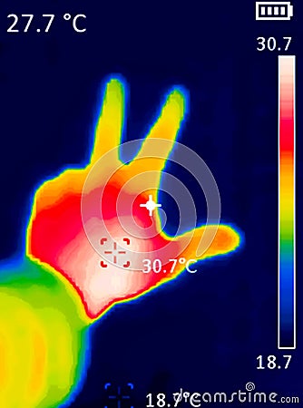 Thermographic image of a person`s hand showing different temperatures in different colors, from blue indicating cold to red Stock Photo