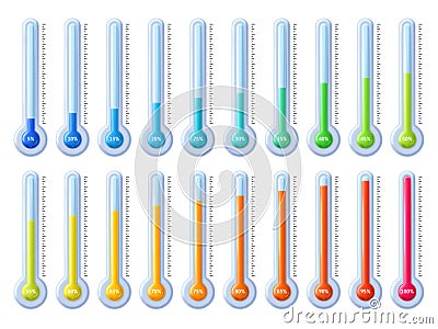 Thermometer animation. Temperature percentage scale, goal success infographic and process meter from low cold to high hot gauge Vector Illustration
