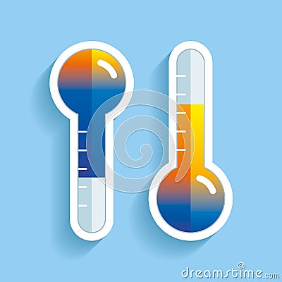 Thermometer in flat style, transition from cold to hot temperature, design element on color background. Vector design object Vector Illustration