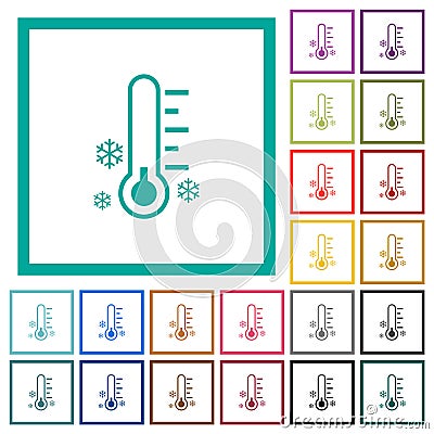 Thermometer frosty temperature flat color icons with quadrant frames Vector Illustration