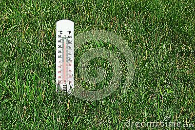 Thermometer on the grass. An air temperature of 40 degrees is shown by a thermometer. Summer heat. Copy space Stock Photo