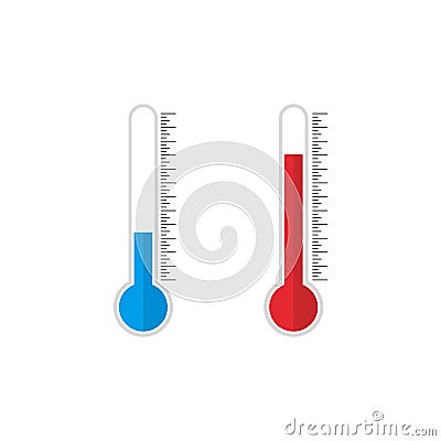 Thermometer icon with blue and red indicators in flat style. Meteorology or medical thermometers measuring hot heat and cold. Cartoon Illustration