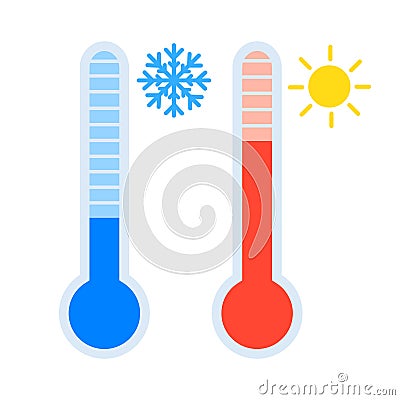 Thermometer icon set measuring heat and cold temperature, with sun and snowflake symbol, simple flat design vector eps10 Vector Illustration