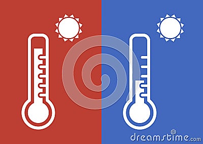 Thermometer icons in red and blue colors for hot and cold weather. Vector Cartoon Illustration