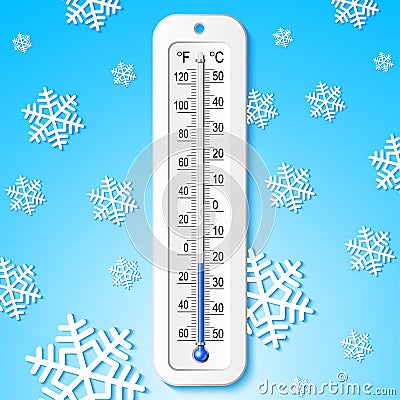 Isolated color realistic thermometer with degrees Celsius and Fahrenheit on the cold background. Vector weather infographics Vector Illustration