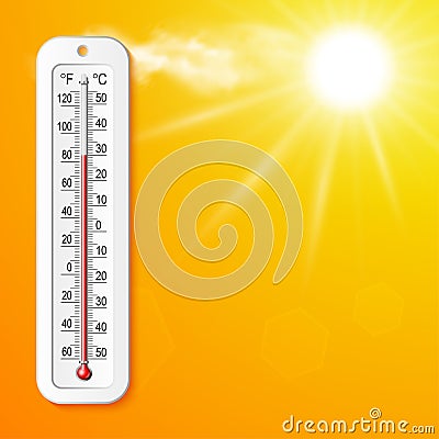 Isolated color realistic thermometer with degrees Celsius and Fahrenheit on the sun background. Vector weather infographics Vector Illustration