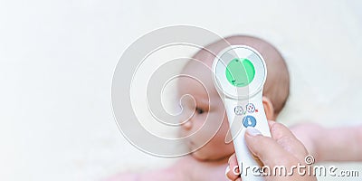 Thermometer kid fever banner. Doctor check cold flu baby temperature care from electronic thermometer. Child sick, kid Stock Photo