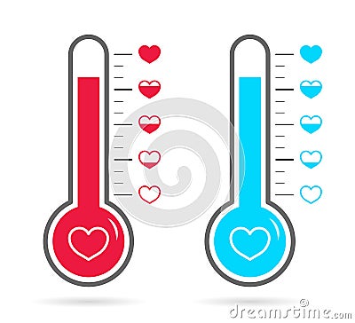 Thermometer of love in heart. Meter or thermostat of happy. Gauge of temperature body. High level of warm on scale. Health concept Vector Illustration