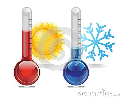 Thermometer measuring heat with sun and cold with snowflake isolated on a white background. Cartoon Illustration