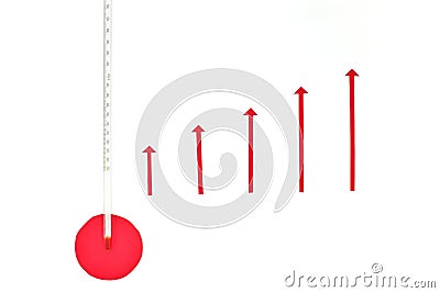 Thermometer and red arrows going up. High fever and increasing temprature trend at summer concept. Stock Photo