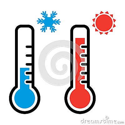 Thermometer in red and blue colors for hot and cold weather with snowflake and sun symbols. Vector Cartoon Illustration