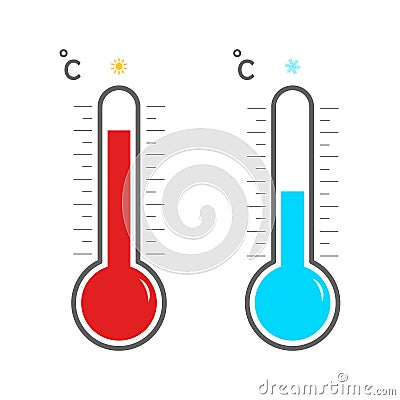 Thermometer with scale measuring heat and cold, with sun and snowflake icons. Meteorological thermometers on a white background. Stock Photo
