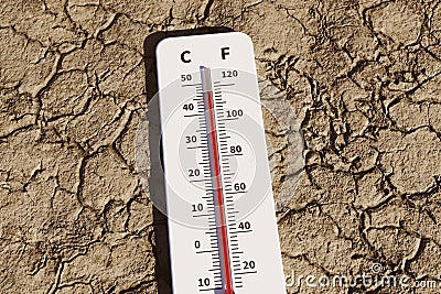 Thermometer showing high temperature in drought land due to abnormally high temperature, 3d rendering Stock Photo