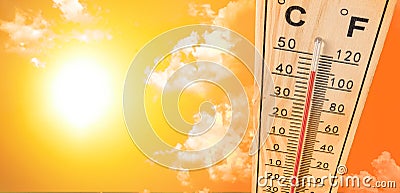 Thermometer shows the temperature is hot Stock Photo