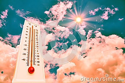 Thermometer Sun high Degres. Hot summer day. High Summer temperatures Stock Photo