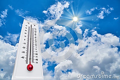 Thermometer Sun high Degres. Hot summer day. High Summer temperatures Stock Photo