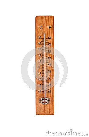 Thermometer on wooden base with celsius and fahrenheit degrees scale, isolated on white background Stock Photo