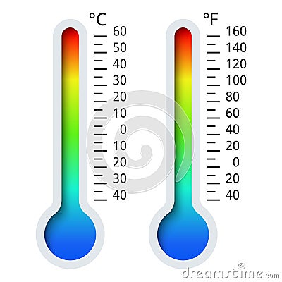 Thermometers Celsius and Fahrenheit, with gradient scale from red to blue. Vector Illustration