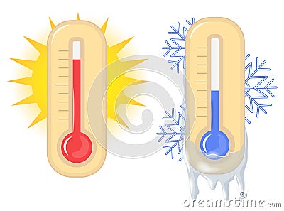 Thermometers. High and low temperature. Hot and cold. Isolated illustration. Vector Illustration